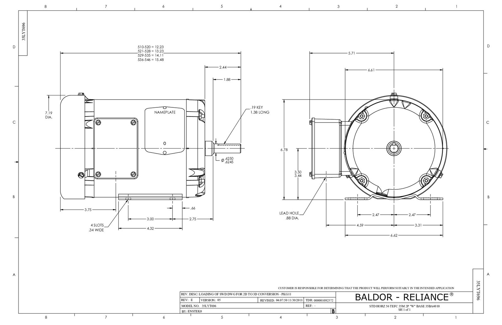 35LYT696 EM3545 BALDOR 1 HP 3450 RPM FR# 56 230/460 VAC