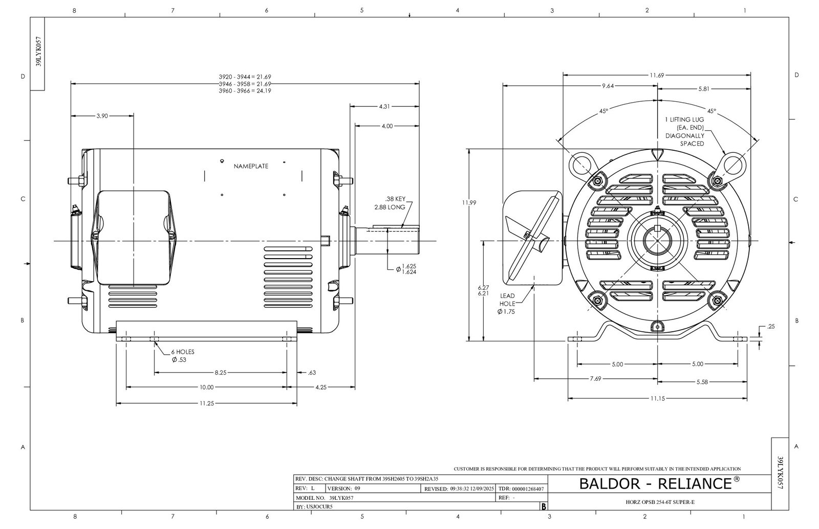 EM2513T BALDOR 15HP 1765 RPM FR# 254T 230/460 VAC