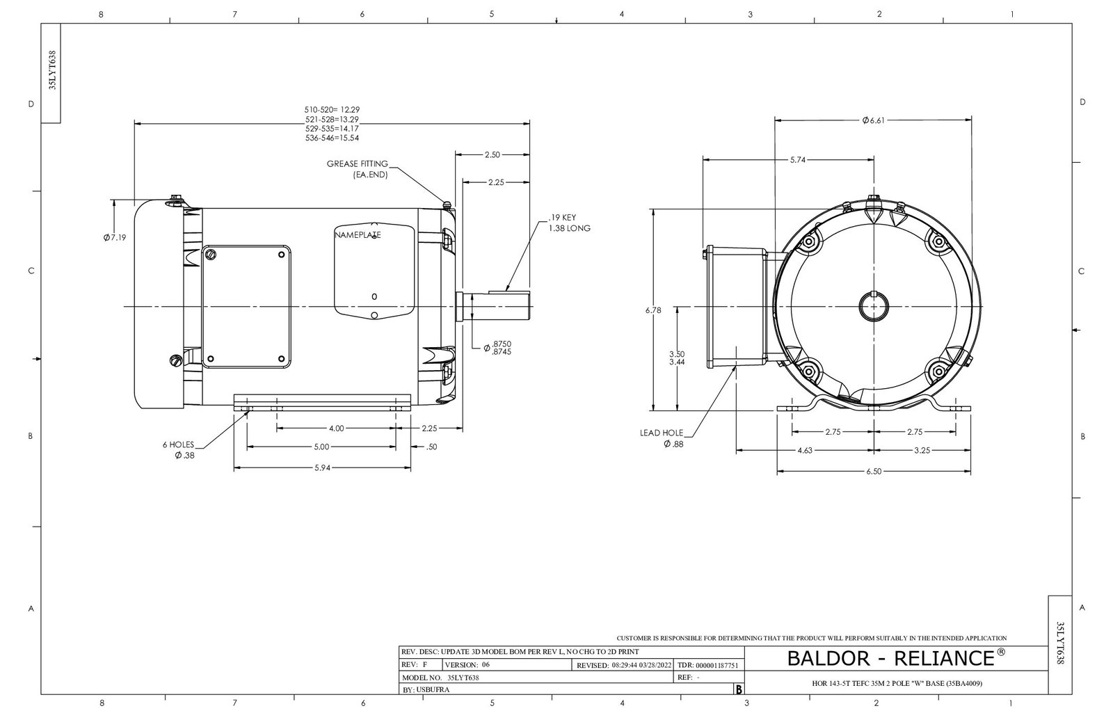 EM3550T BALDOR 1.5 HP 3500 RPM FR# 143T 230/460 VAC