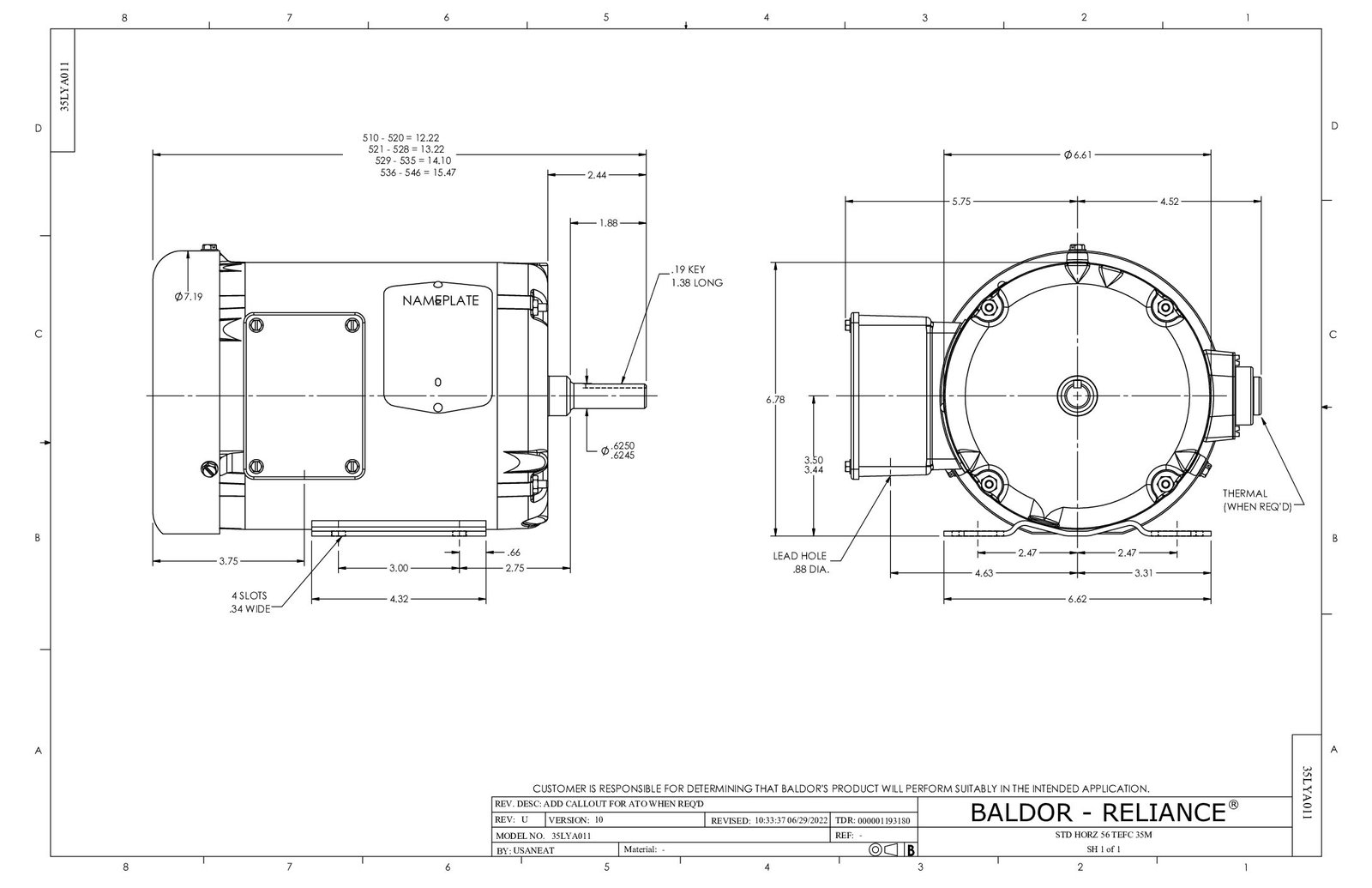 EM3554 EM3554 BALDOR 1.5 HP 1770 RPM FR# 56 230/460 VAC