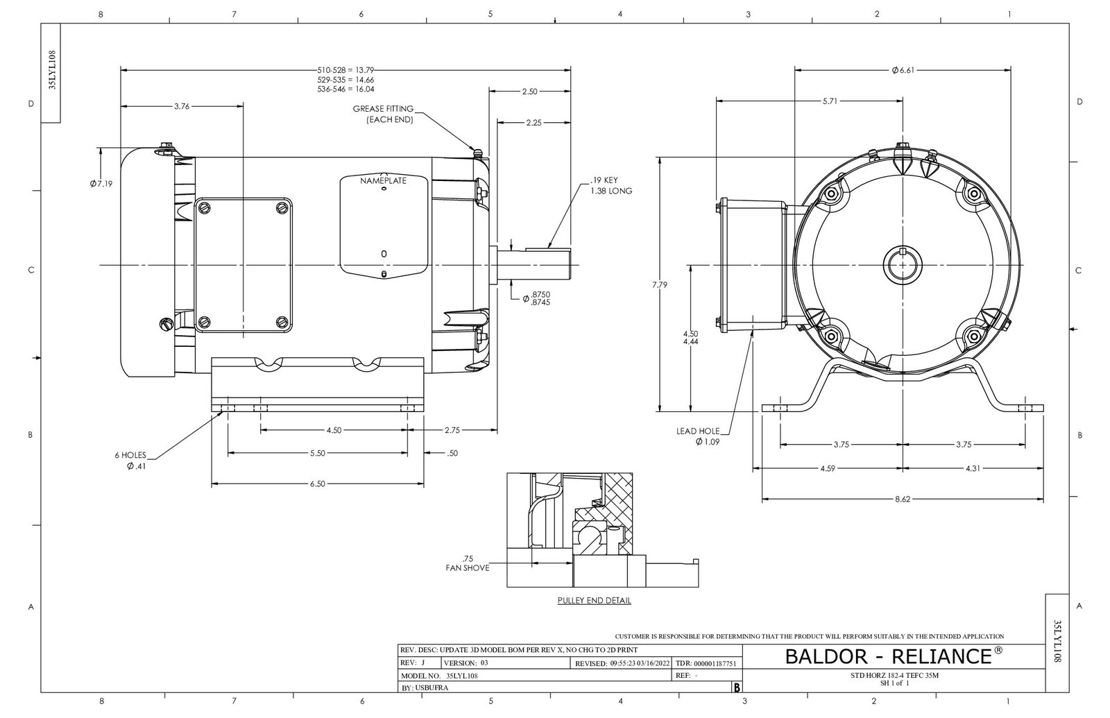 EM3609 BALDOR 2 HP 1760 RPM FR# 184 230/460 VAC