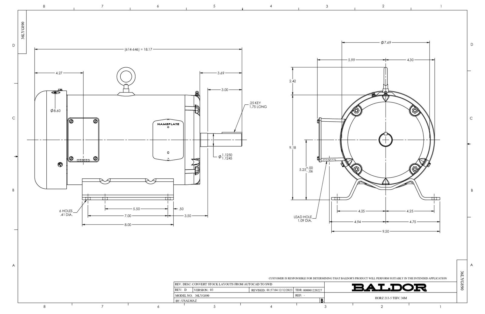 EM3707 BALDOR 5 HP 1750 RPM FR# 215 230/460 VAC