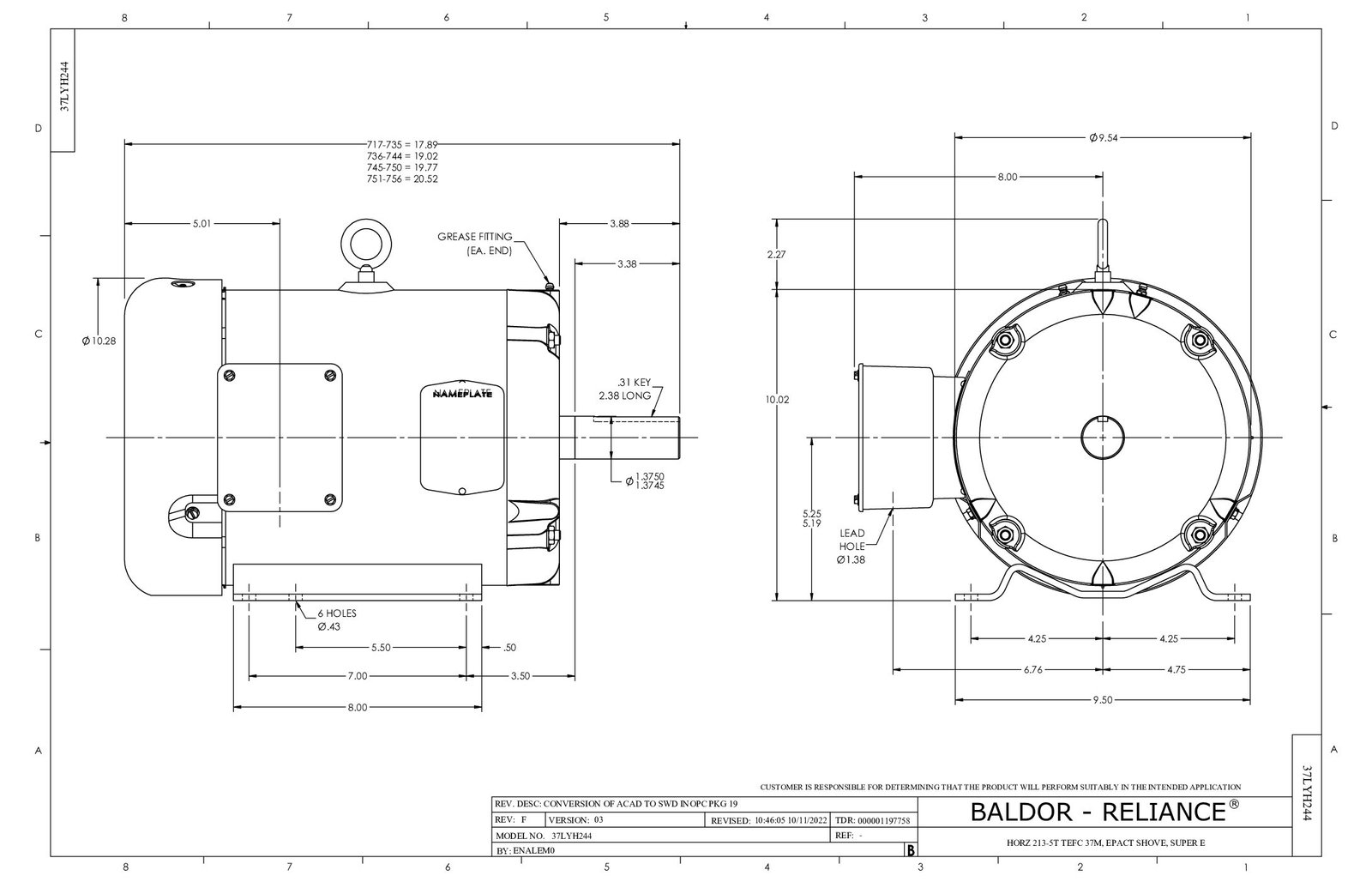 EM3710T BALDOR 7.5 HP 1770 RPM FR# 213T 230/460 VAC